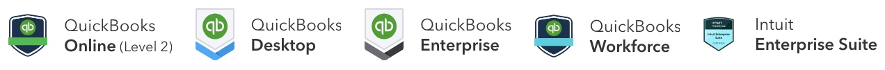QuickBooks ProAdvisor certifications held by Averan: QuickBooks Online (Level 2), QuickBooks Desktop, QuickBooks Enterprise, QuickBooks Workforce, and Intuit Enterprise Suite
